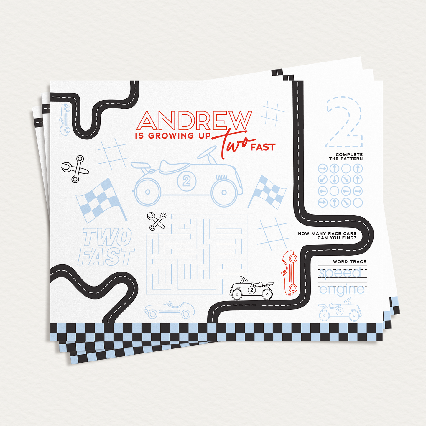 “Two Fast” Retro Cars | Modern Racing Activity Placemat