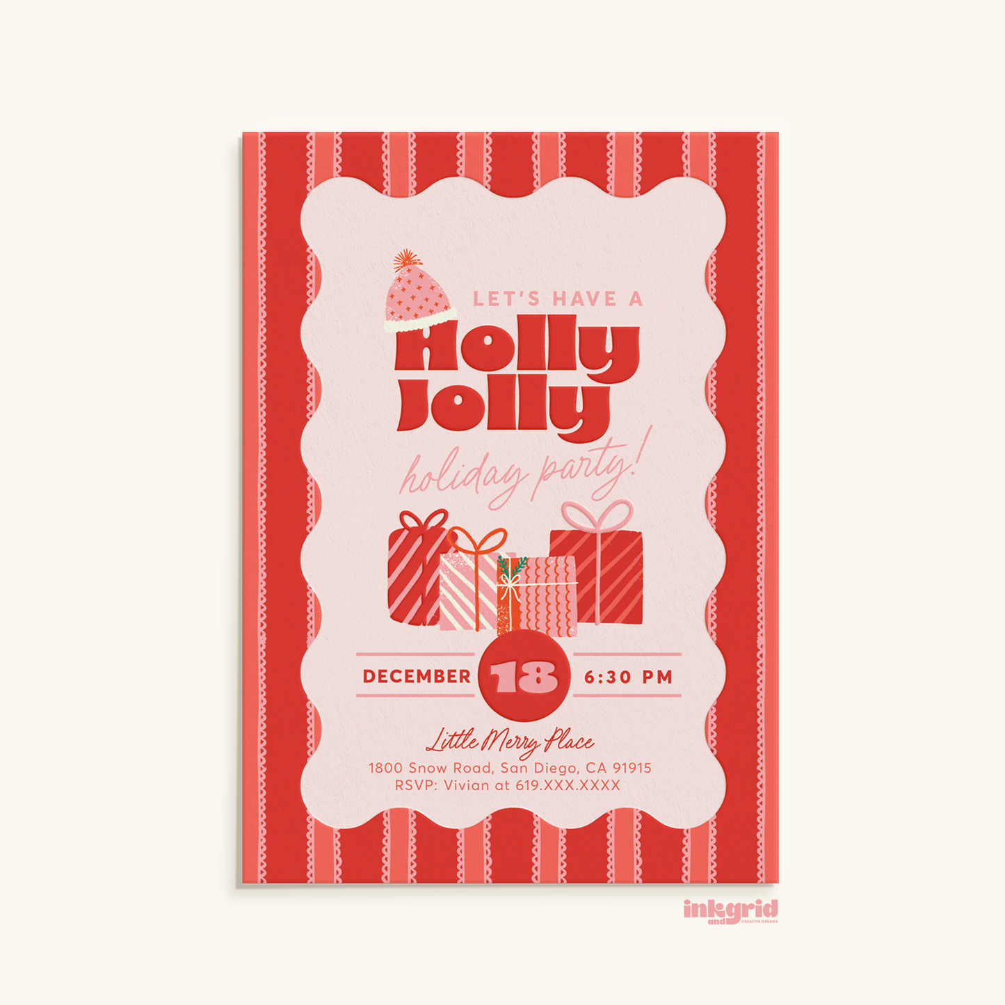 Holly Jolly Holiday Party Invitation – Modern Red & Pink Christmas Design