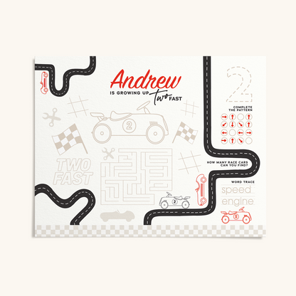 “Two Fast” Retro Cars | Modern Racing Activity Placemat