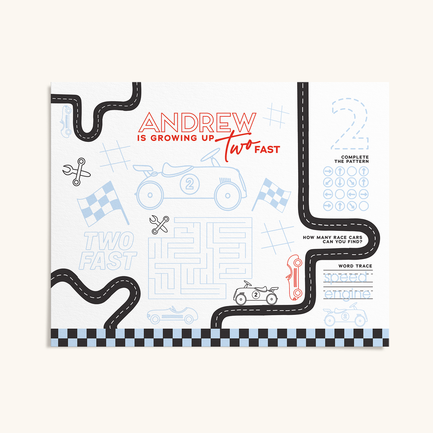 “Two Fast” Retro Cars | Modern Racing Activity Placemat