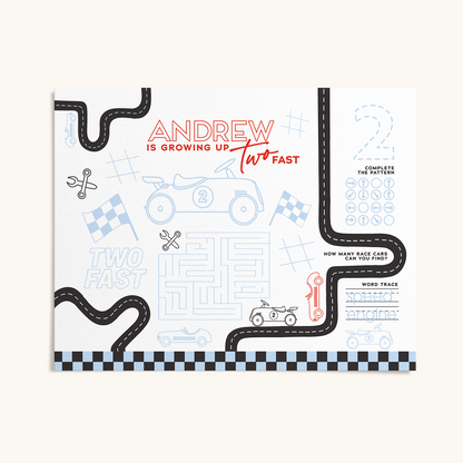“Two Fast” Retro Cars | Modern Racing Activity Placemat