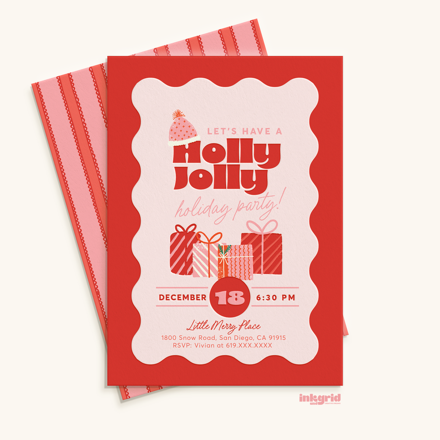 Holly Jolly Holiday Party Invitation – Modern Red & Pink Christmas Design