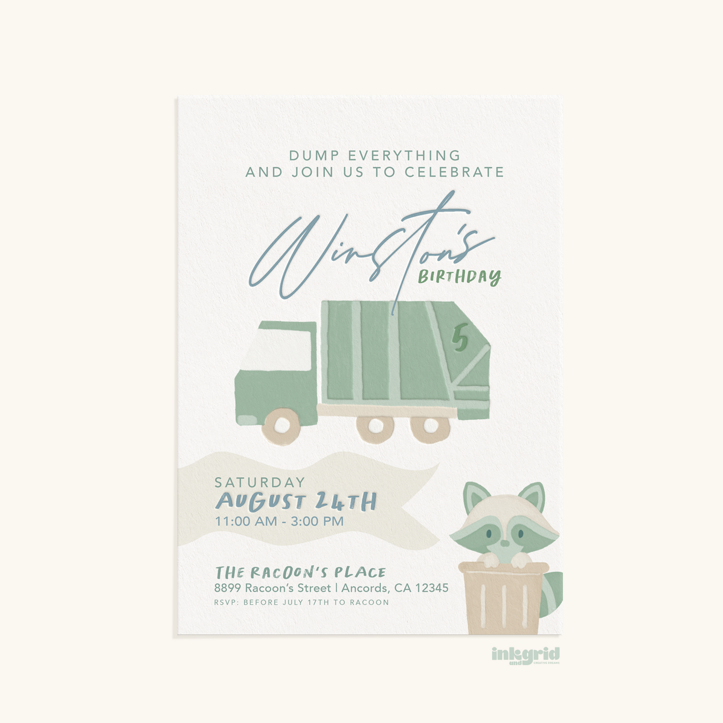 Raccoons & Garbage Trucks – Digital Birthday Invitation