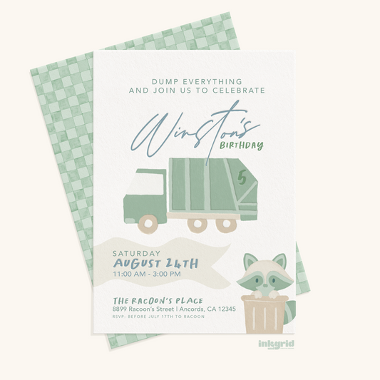 Raccoons & Garbage Trucks – Digital Birthday Invitation
