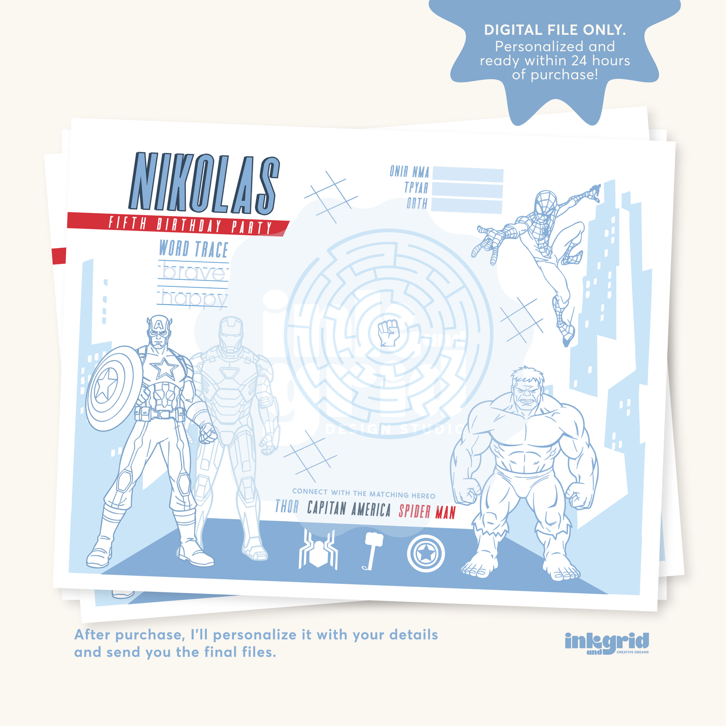 Superhero Coloring Placemat | Hero Activity Sheet | Spider Table Activity | Birthday Coloring Page | Party Printable