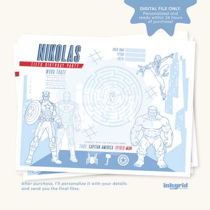 Superhero Coloring Placemat | Hero Activity Sheet | Spider Table Activity | Birthday Coloring Page | Party Printable