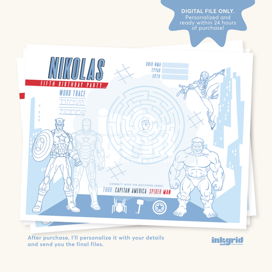 Superhero Coloring Placemat | Hero Activity Sheet | Spider Table Activity | Birthday Coloring Page | Party Printable