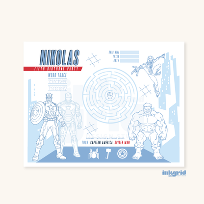Superhero Coloring Placemat | Hero Activity Sheet | Spider Table Activity | Birthday Coloring Page | Party Printable
