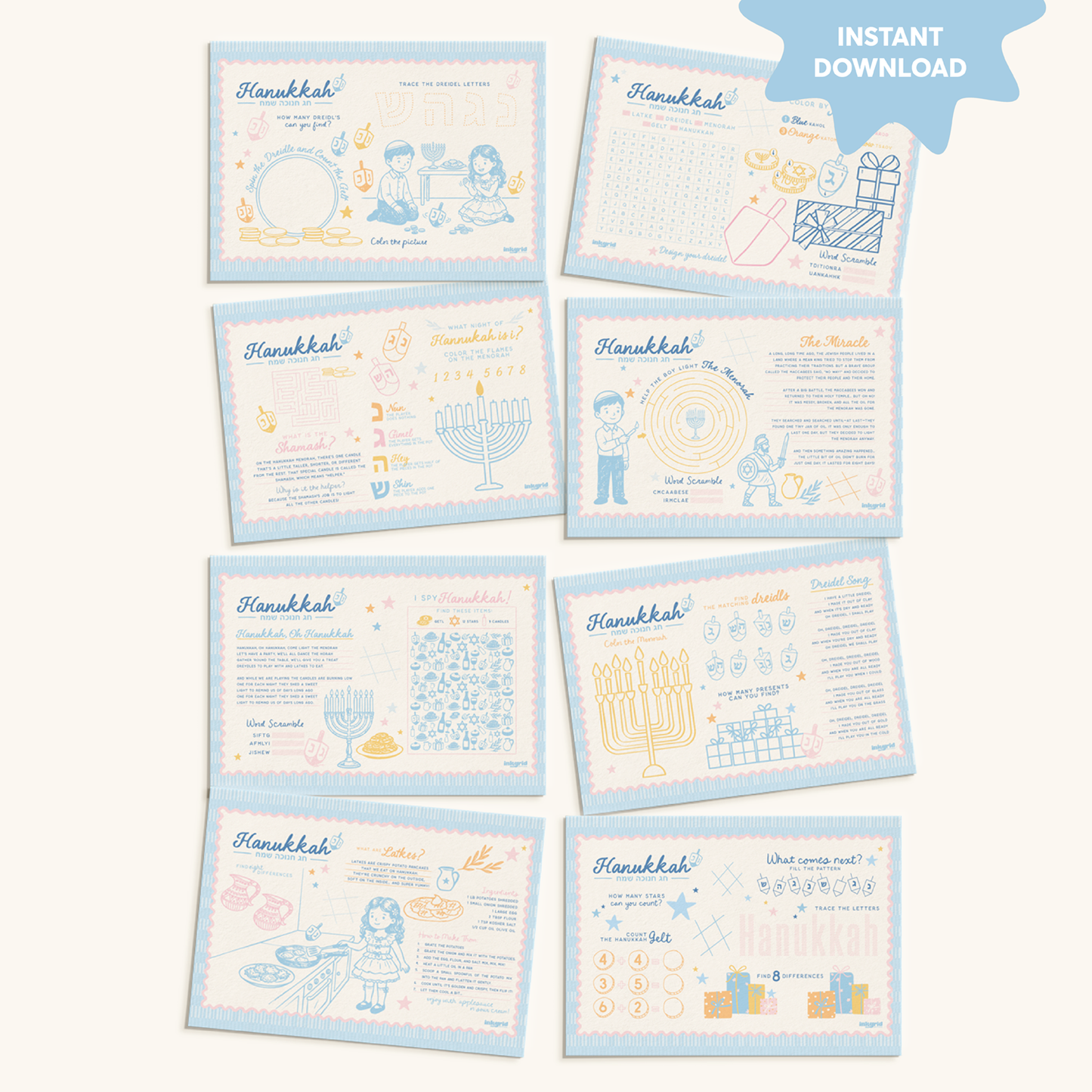 Hanukkah Activity Placemat Bundle – 8 Nights of Printable Fun (Letter Size)