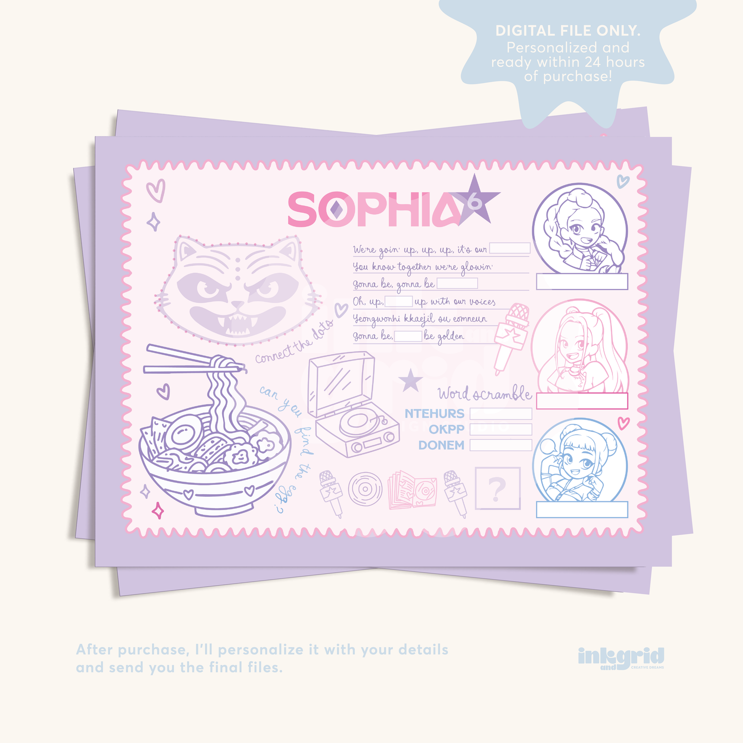 K-Pop Inspired Party Activity Placemat | Korean Pop Birthday Coloring Sheet | Music Party Kids Activity | Printable Party Table Mat