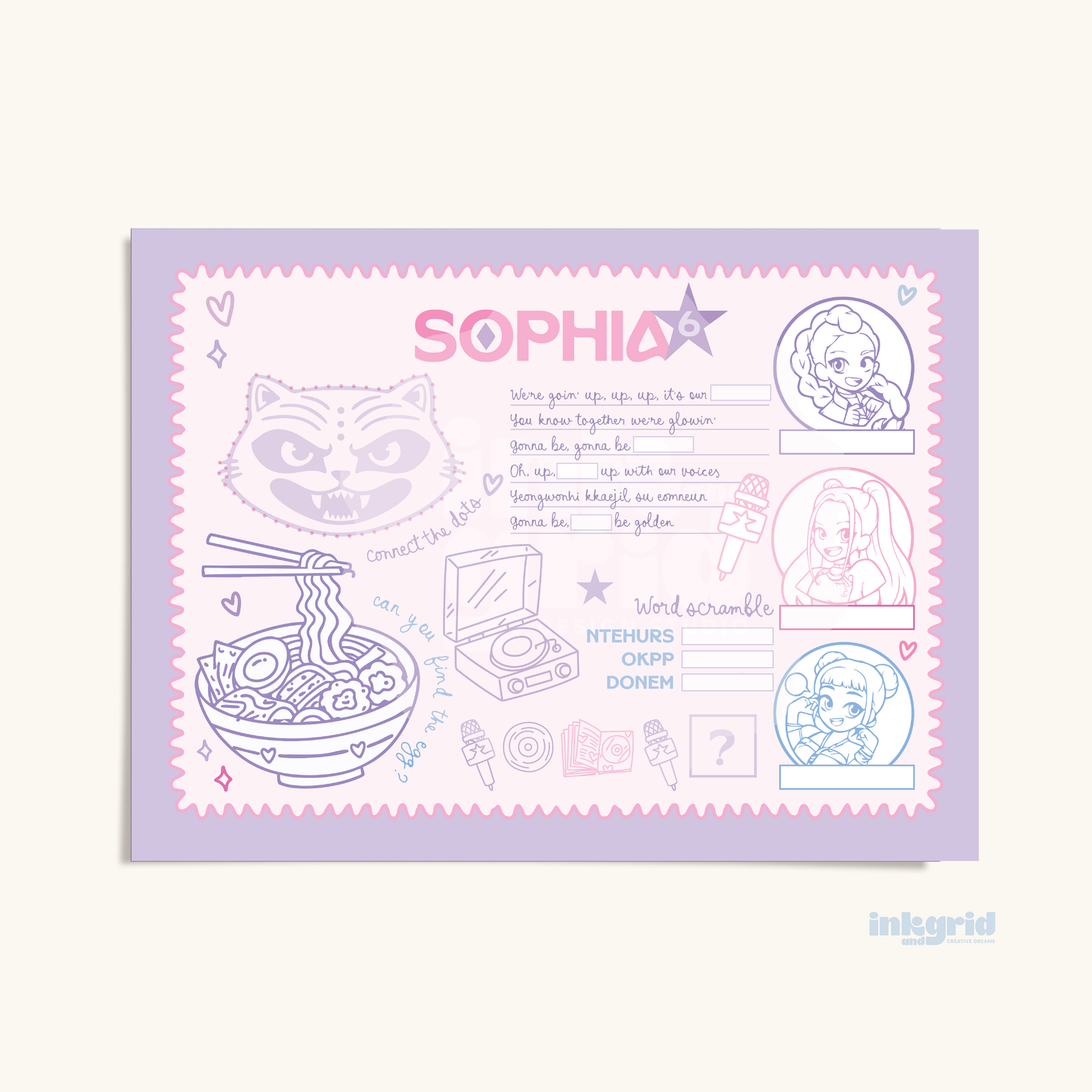K-Pop Inspired Party Activity Placemat | Korean Pop Birthday Coloring Sheet | Music Party Kids Activity | Printable Party Table Mat