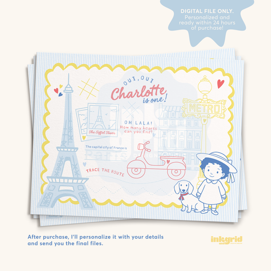 Madeline Inspired Birthday Placemat | French Girl Puppy | Coloring Placemat | Parisian Kids Party Activity Sheet