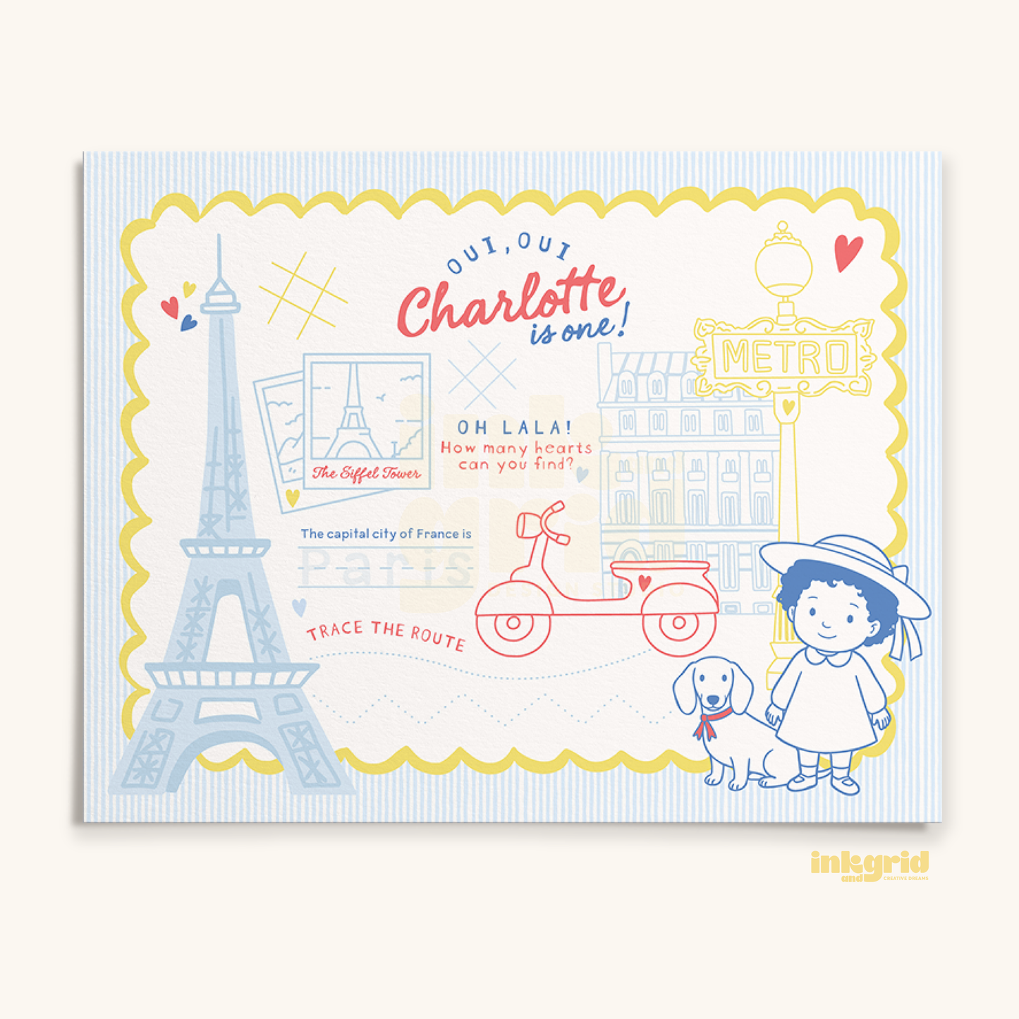 Madeline Inspired Birthday Placemat | French Girl Puppy | Coloring Placemat | Parisian Kids Party Activity Sheet