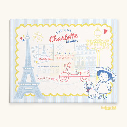 Madeline Inspired Birthday Placemat | French Girl Puppy | Coloring Placemat | Parisian Kids Party Activity Sheet