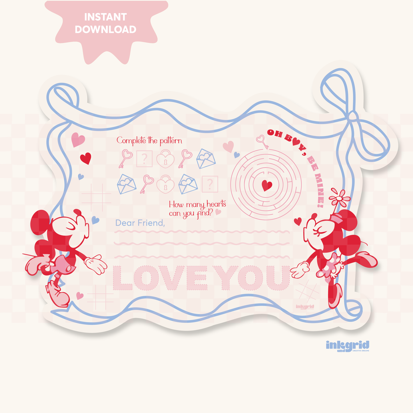 Valentine Sweethearts Printable Party Bundle | Placemat, Stickers, Pattern & Water Bottle Wrapper