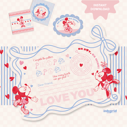 Valentine Sweethearts Printable Party Bundle | Placemat, Stickers, Pattern & Water Bottle Wrapper
