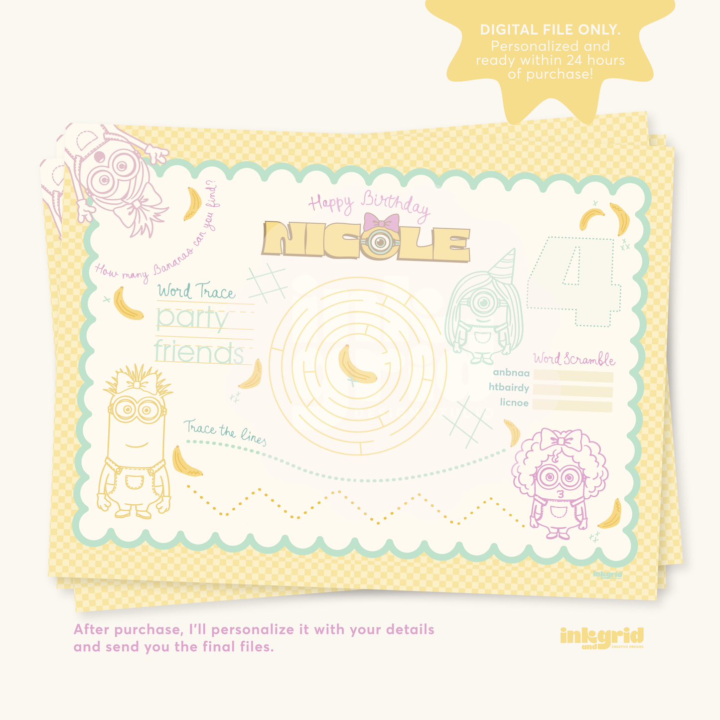 Minians Activity Placemat | Printable Kids Party Activities | Cartoon Coloring Sheet | Pastel Birthday Table Activity