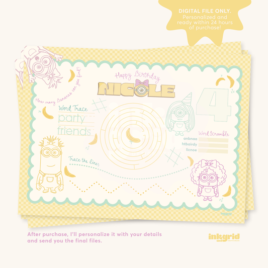 Minians Activity Placemat | Printable Kids Party Activities | Cartoon Coloring Sheet | Pastel Birthday Table Activity