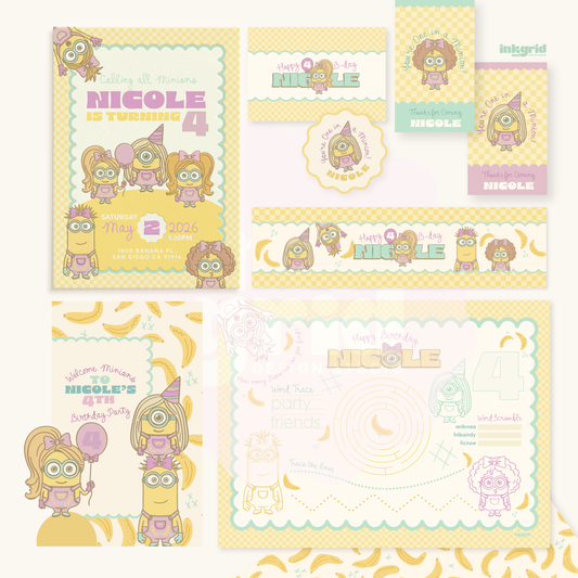Minians Birthday Party Bundle | Pastel Cartoon Party Decor Set | Invitation, Stickers, Gift Tags & Welcome Sign | Aesthetic Kids Party
