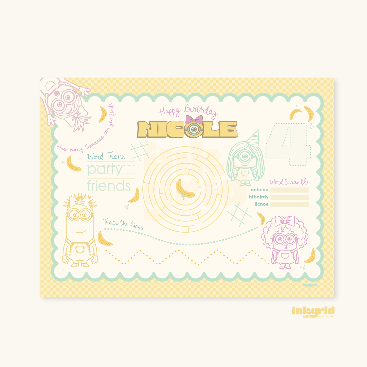Minians Activity Placemat | Printable Kids Party Activities | Cartoon Coloring Sheet | Pastel Birthday Table Activity