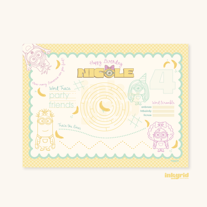 Minians Activity Placemat | Printable Kids Party Activities | Cartoon Coloring Sheet | Pastel Birthday Table Activity