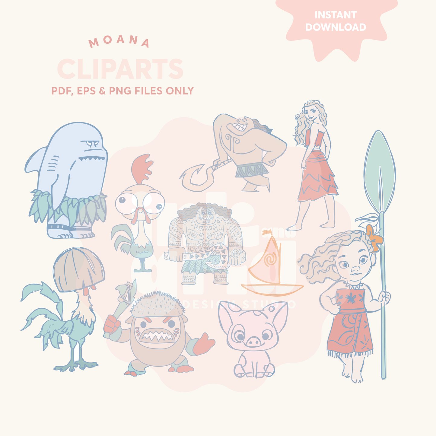 Moana Cliparts | Pastel Character PNGs | Instant Download