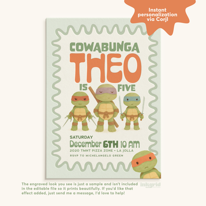 Cowabunga Ninja Turtles Birthday Invitation – Retro TMNT Printable Invite