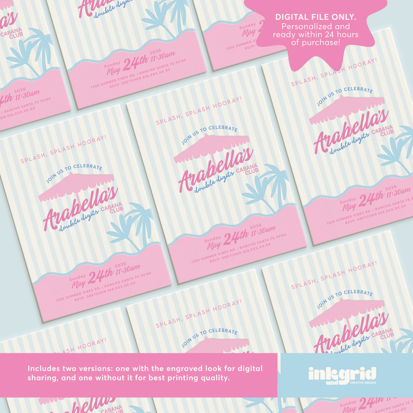 Cabana Club Pool Party Invitation | Double Digits Birthday Invitation | Pink & Blue Pool Party | Summer Birthday Invite | Girls Pool Party