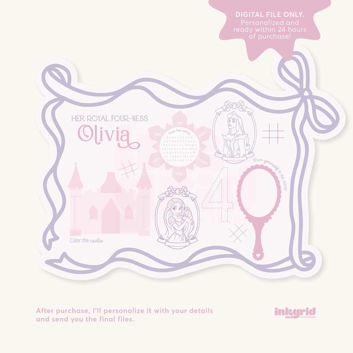 Princess & Bows Activity Placemat | Girls Coloring Sheet | Party Activity Page | Printable | Kids Table (Copy)