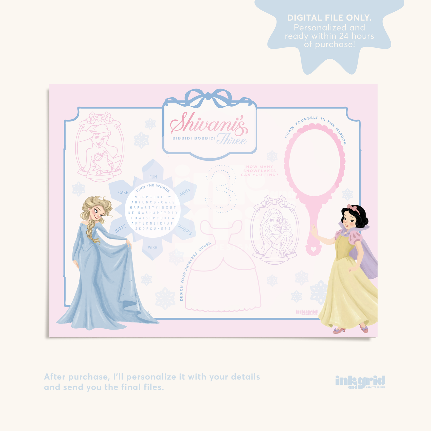 Princess Activity Placemat | Girls Coloring Sheet | Party Activity Page | Printable | Kids Table