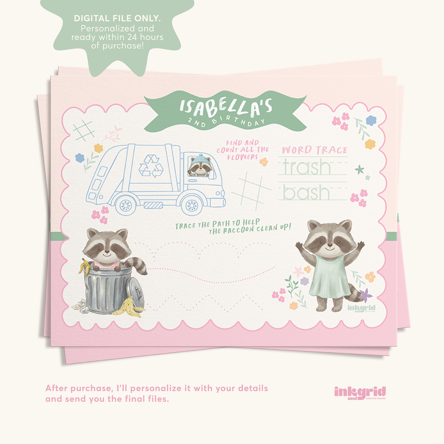 Trash Bash Cuties Activity Placemats | Raccoon Garbage Truck Party | Kids Birthday Activity | Pink Trash Bash | Digital Download