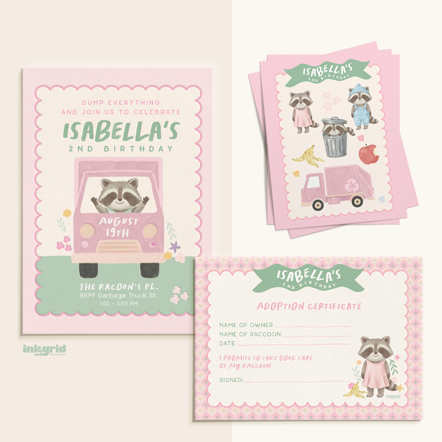 Trash Bash Cuties Collection | Raccoon Garbage Truck Birthday Party Bundle | Pink Trash Bash Decor | Printable Party Set