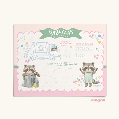 Trash Bash Cuties Activity Placemats | Raccoon Garbage Truck Party | Kids Birthday Activity | Pink Trash Bash | Digital Download