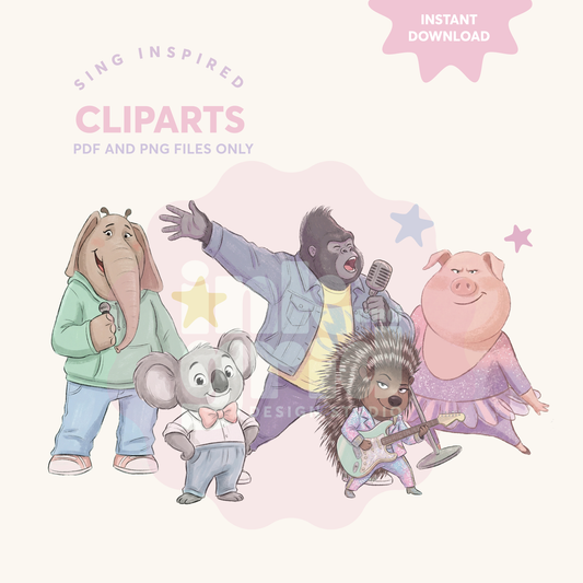 Sing-Inspired Clipart Set | 5 Character Illustrations | Instant Download PNG & PDF