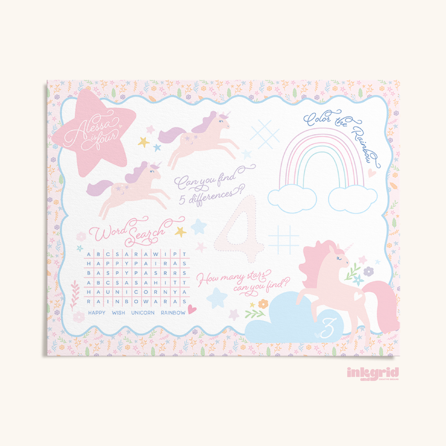 Unicorn and Rainbow Activity Placemat | Girls Birthday Party | Unicorn Coloring Page | Printable Party Placemat